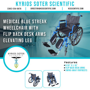 Medical Blue Streak Wheelchair with Flip Back Desk Arms Elevating Leg - New