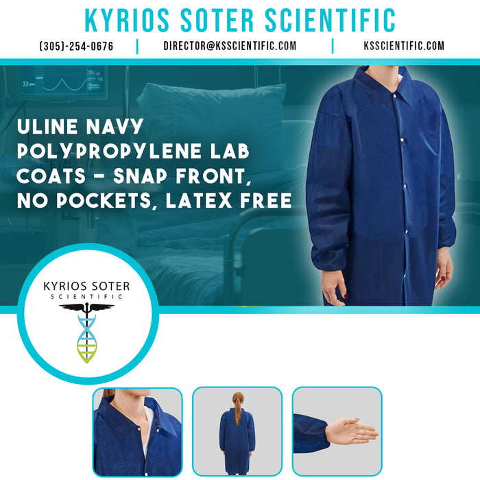 Uline Navy Polypropylene Lab Coats - Snap Front, No Pockets, Latex Free