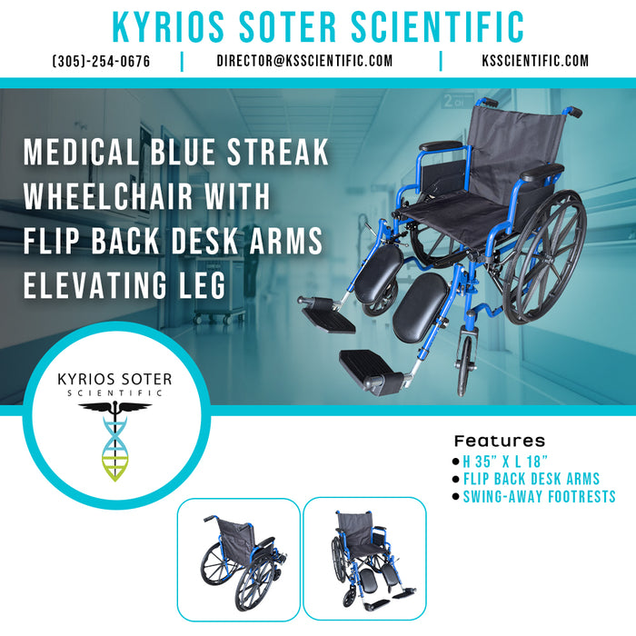 Medical Blue Streak Wheelchair with Flip Back Desk Arms Elevating Leg