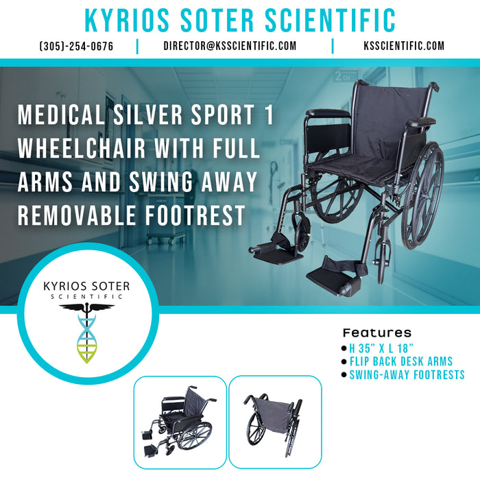 Medical Silver Sport 1 Wheelchair with Full Arms and Swing Away Removable Footrest