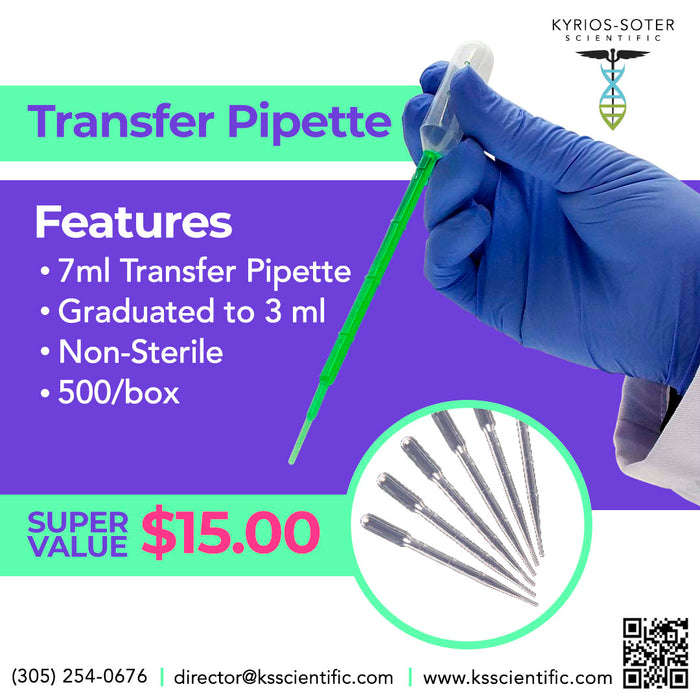 Transfer Pipette 7ml , Graduated to 3 mL, Non-Sterile, 500/box