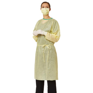 Isolation Gown, fluid repellent, unisize, yellow, 10/pk - Kyrios Soter Scientific