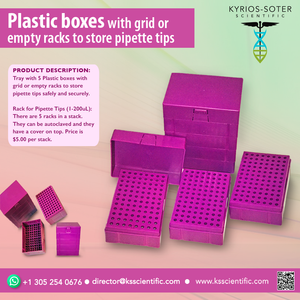 Plastic boxes with grid or empty racks to store pipette tips