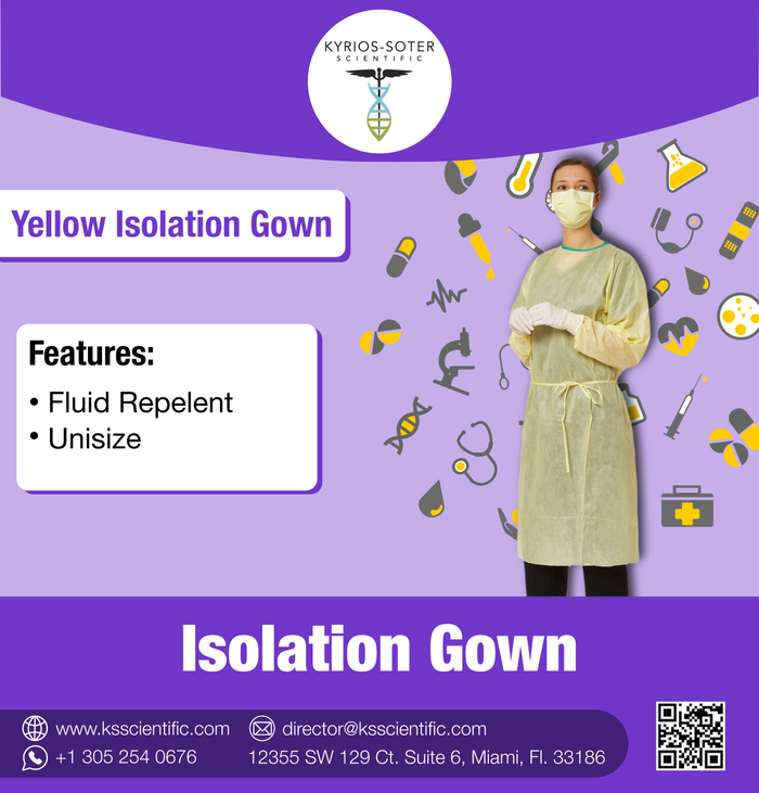 Isolation Gown, fluid repellent, unisize, yellow, 10/pk
